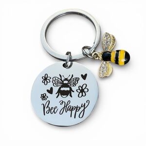 Bee Happy Keychain with Bee Charm In Stainless Steel New